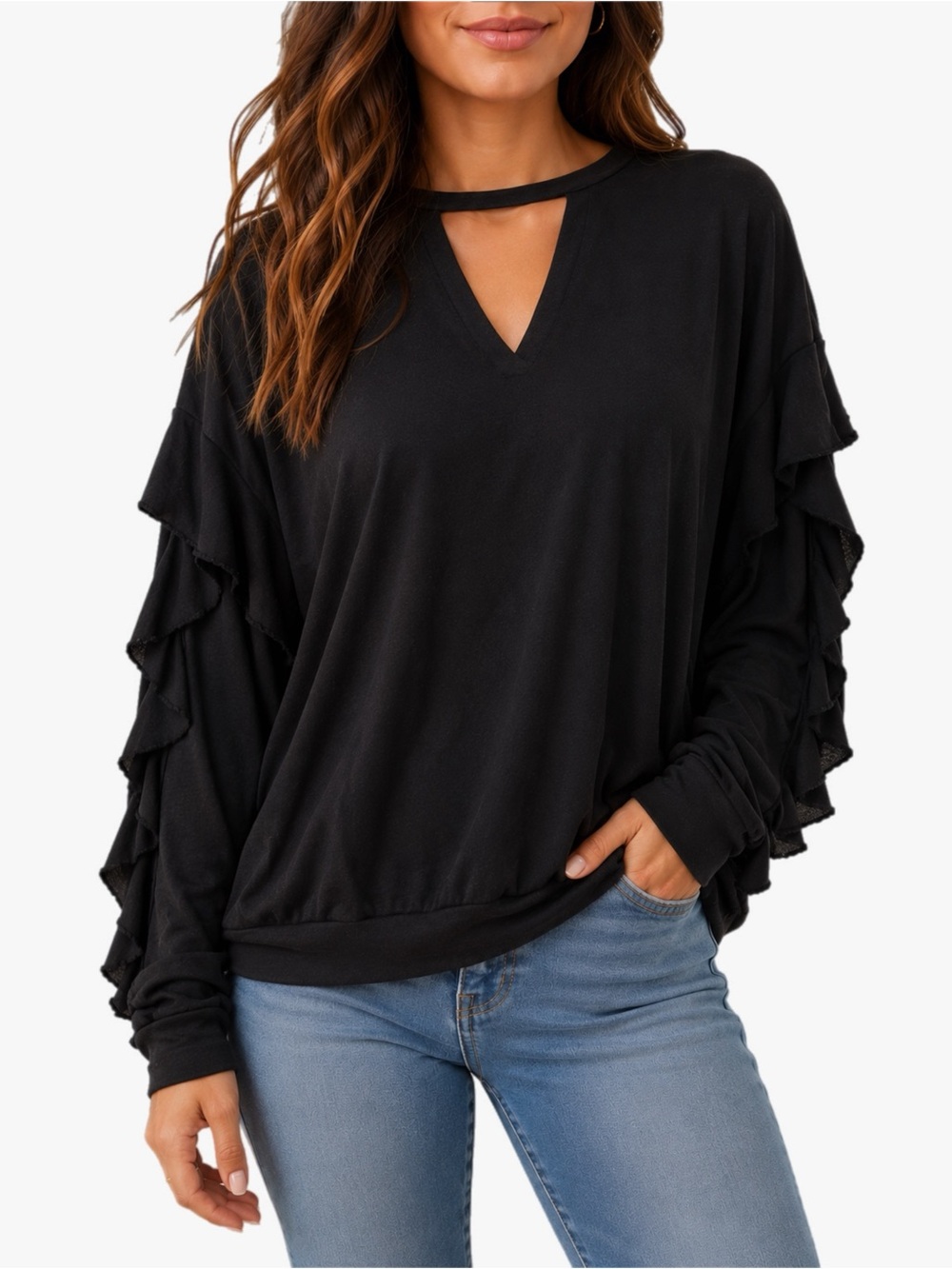 Fantastic Fawn Black Ruffle Sleeve Choker Neck Top Size Medium